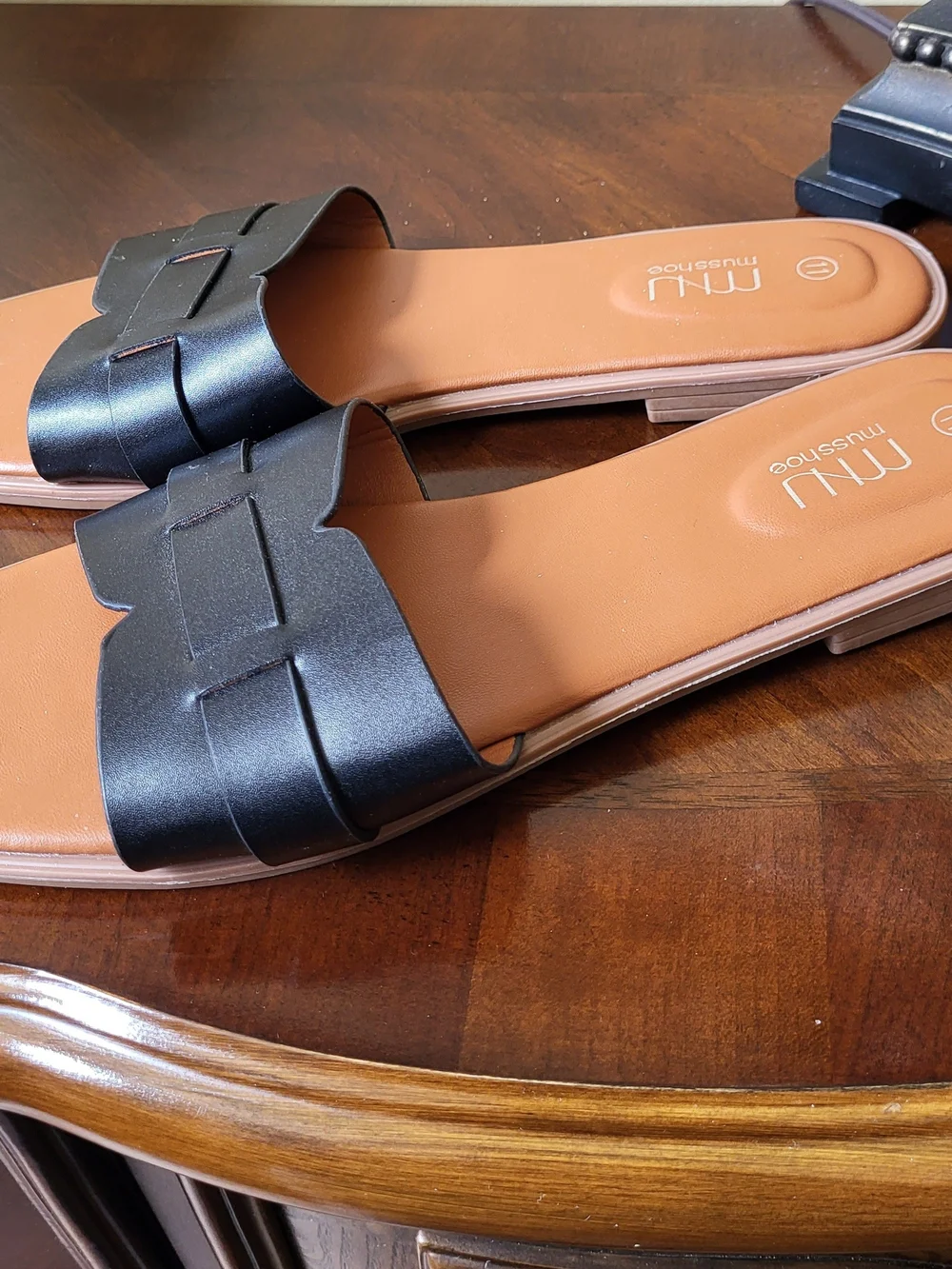 Black Slide Sandals with Tan Footbed for Women